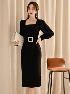 Fashion Ladies Formal Occasion Black Pencil Long Dresses Women Clothes Elegant Square Collar Slim Dress Robe Femme Mujer Vestido