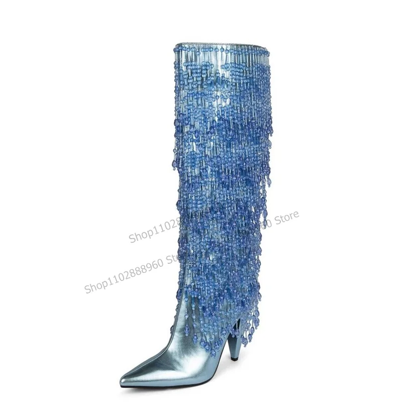 

Knee High Blue Metallic Crystal Fringe Decor Boots Cone Heel Shoes for Women Side Zipper Pointed Toe 2023 Zapatos Para Mujere