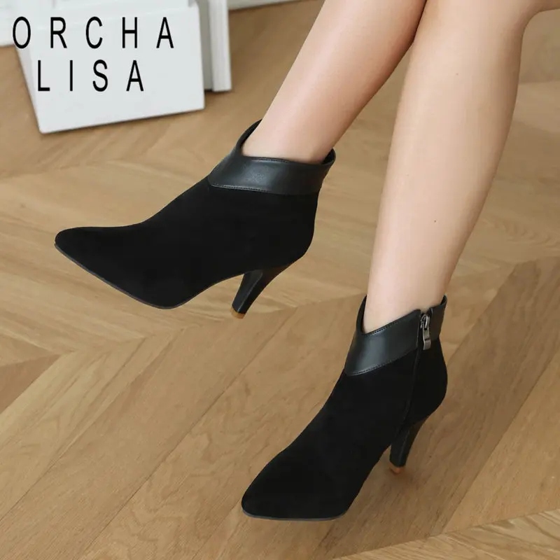

ORCHA LISA Plus Size 46 47 Women Ankle Boots Flock Suede High Heels 8.5cm Zipper Autumn Winter Elegant Daily Bota Pointed Toe 33
