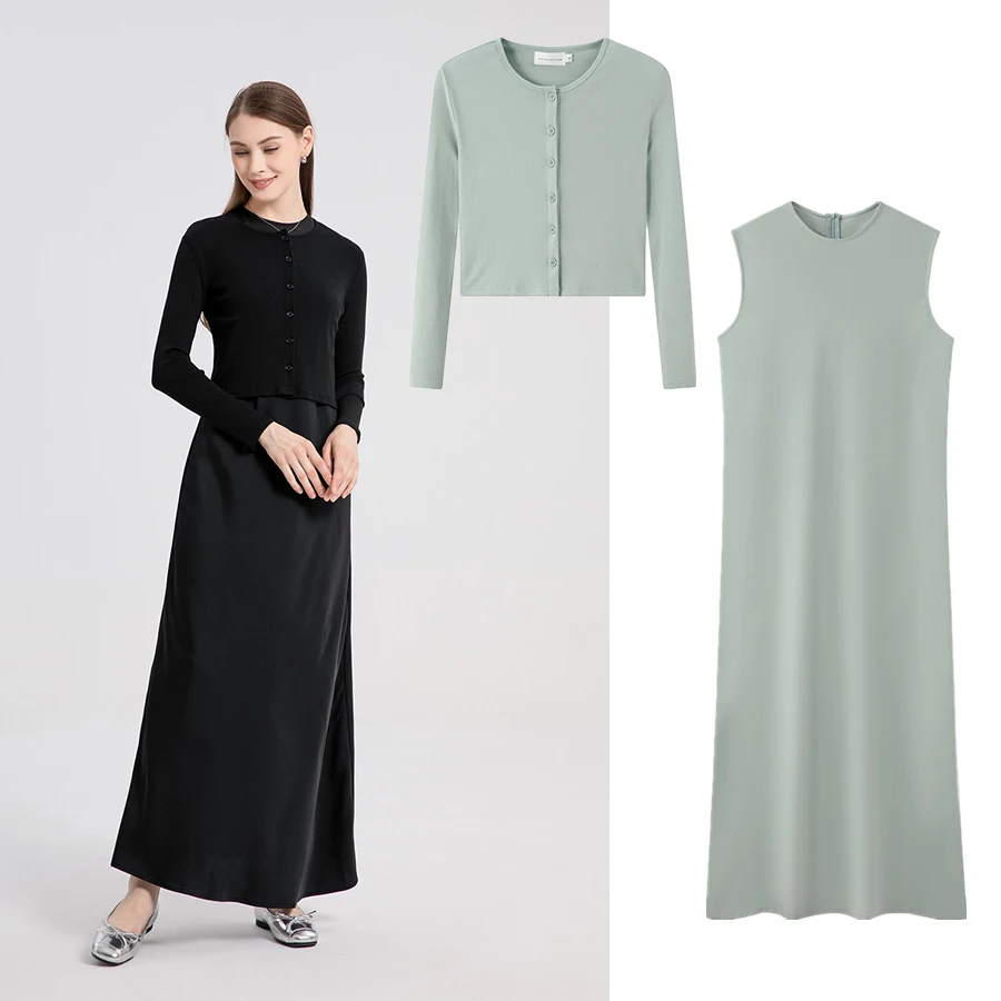 2024 Women's High-Stretch Ribbed Wrap Top and Satin Maxi Dress Set