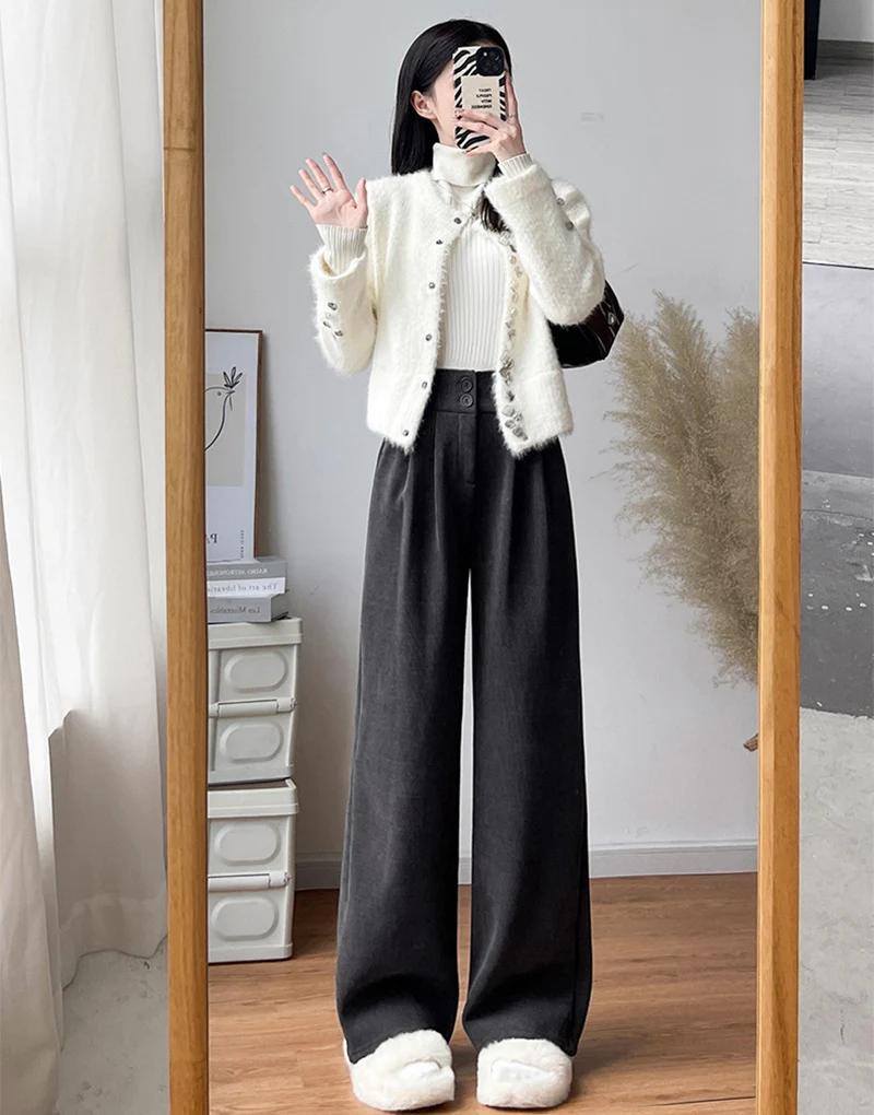 Winter Solid Color Plus Fleece Straight Pants Women Double Buttons Thicken Warm Corduroy Trousers Casual Comfortable Plush Pant