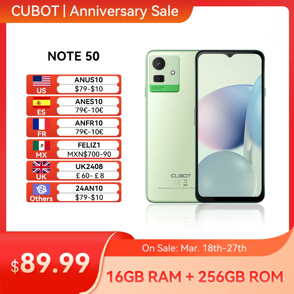 Cubot NOTE 50 Smartphone Android 13, 16GB RAM(8GB+8GB Extended), 256GB ROM, Octa-core,6.56“ 90Hz Screen,NFC, 50MP Camera,5200mAh cubot p80 6 583 inch fhd screen android 13 smartphone 8gb 256gb 5200mah 48mp camera octa core dual sim 4g global version