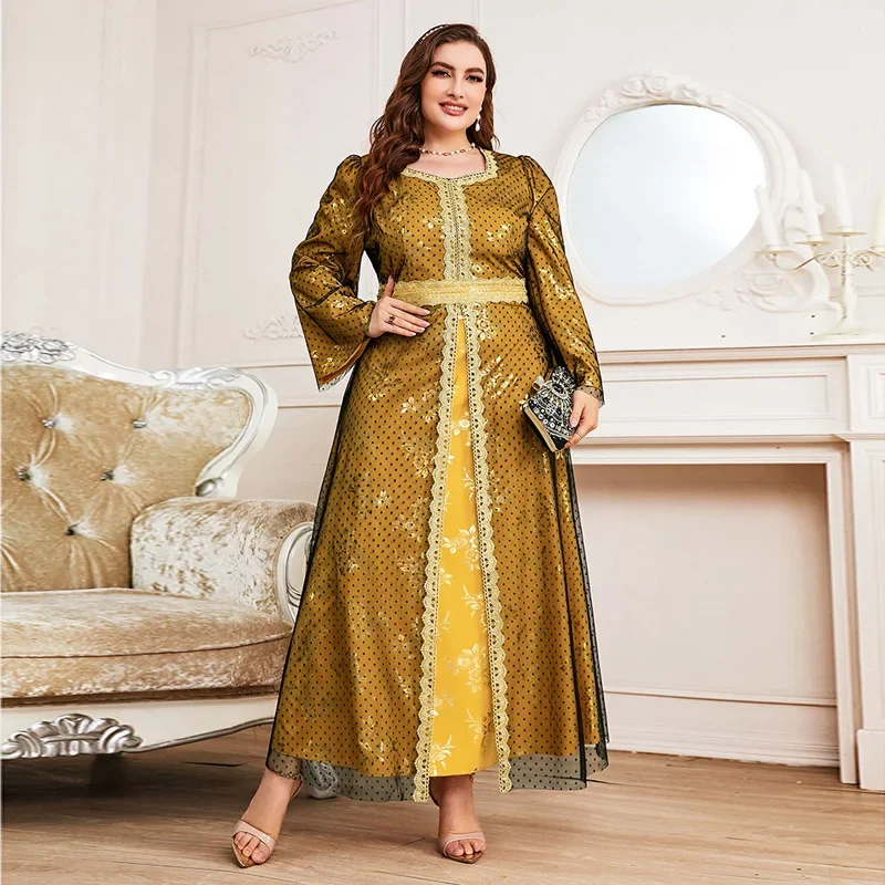 

High-waisted Long-sleeved Mesh A-line Dress Abayas for Women Fashion Large Size Long Kaftan Women Casual Abaya Simple Vestidos
