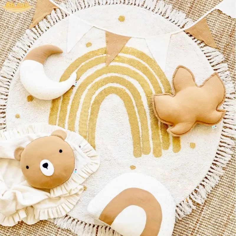 Rainbow Fluffy Carpet For Living Room With Tassels White Plush Rug For Kids Bedroom Soft Nursery Play Mat Children Babi