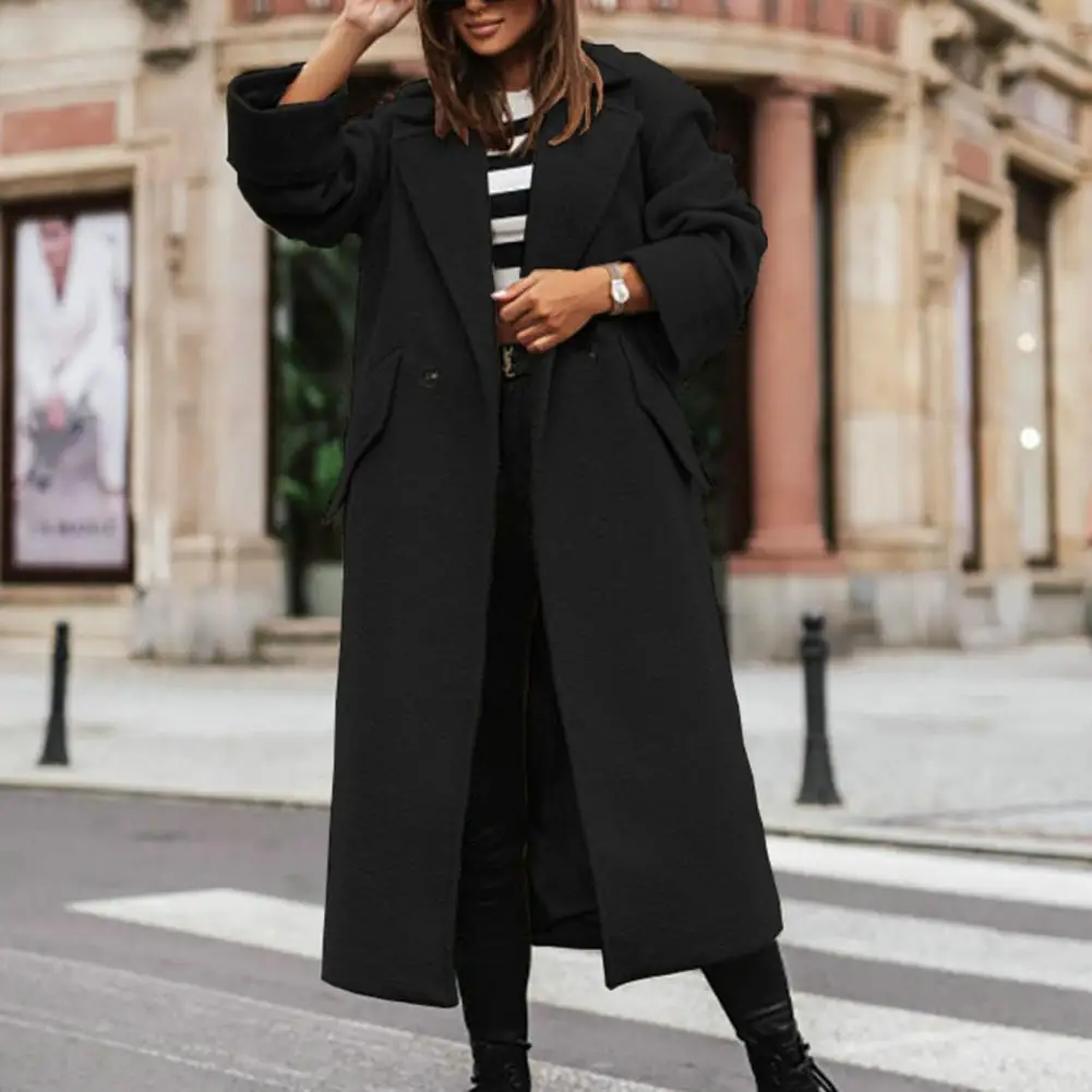 Lady Outwear Stylish Women's Long Loose Coat Warm Lapel Overcoat with Pockets Double Buttons Ideal for Fall Winter Windproof women summer casual buttons jumpsuits fashion solid pockets jumpsuit with belt v neck short sleeve female rompers playsuit