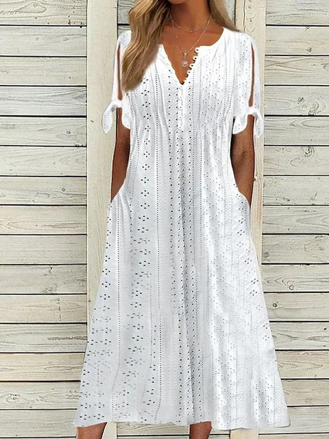 Vestido de Verão Feminino Elegante com Rendas Ocas e Babados Vestido de Verão Feminino Elegante com Rendas Ocas e Babados