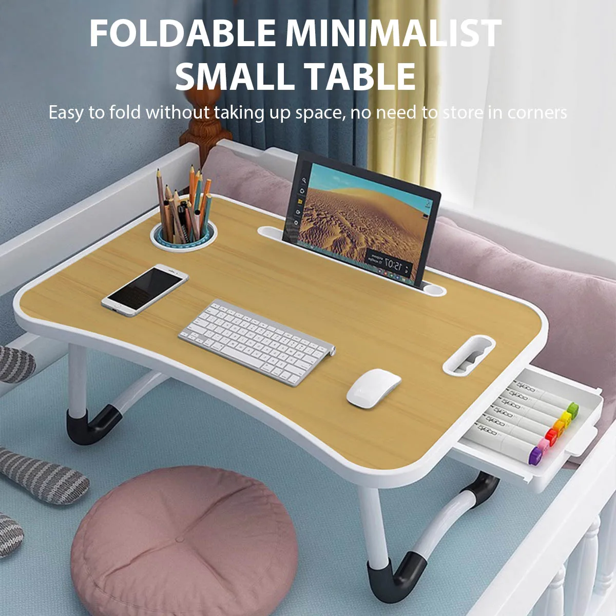 Foldable Simple Small Table with Cup Holder Drawer Bed Desk Lazy Laptop Bed Table Dormitory Study Tablet Laptop Stand