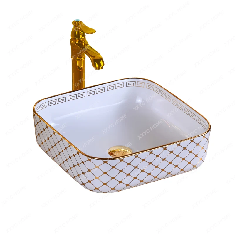 

Square Nordic Style Electroplated Gold Washbasin Ceramic Table Sink Small Household Bathroom Face Washing Single Basin
