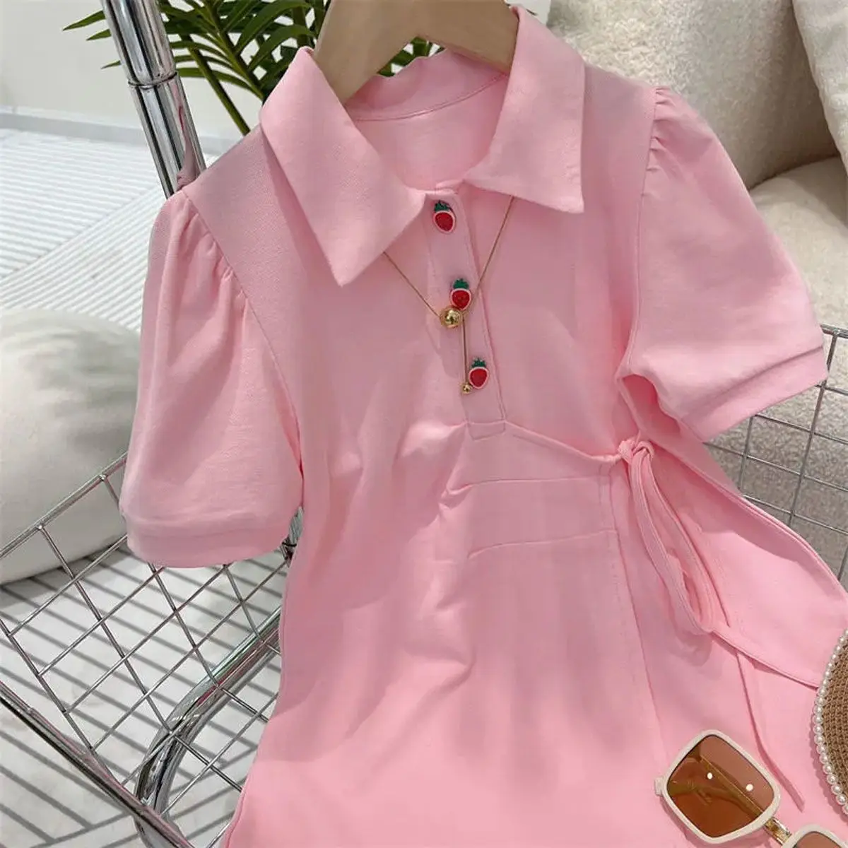 2023 Dress Turn-down Collar Short Sleeve A-line Above Knee Length Pullover Cotton Solid Simple Sweet Fashion Casual Summer Girls