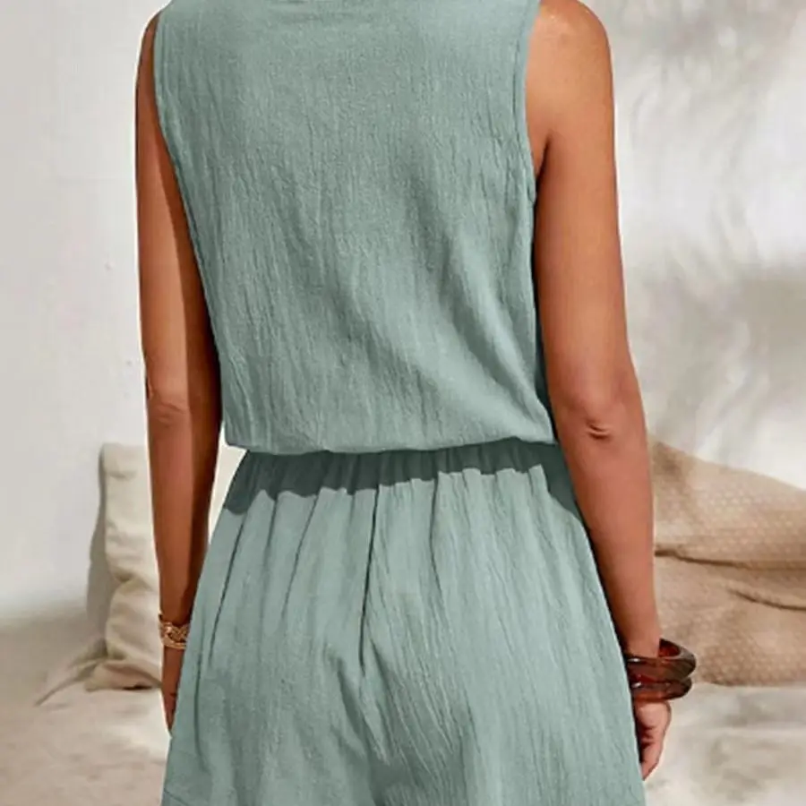 2024 Women's Summer New Casual Pocket Top H-Shaped Tank Top Jumpsuit Solid Color Lace Up Wide Leg Jumpsuit Women's