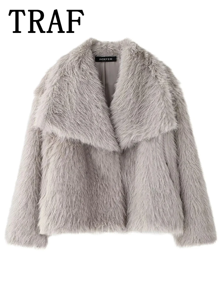 TRAF Faux Fur Cropped Jackets for Women Coats Thick Warm Soft Jacket Woman 2024 Long Sleeve Casual Winter Coat In New Outerwear 5