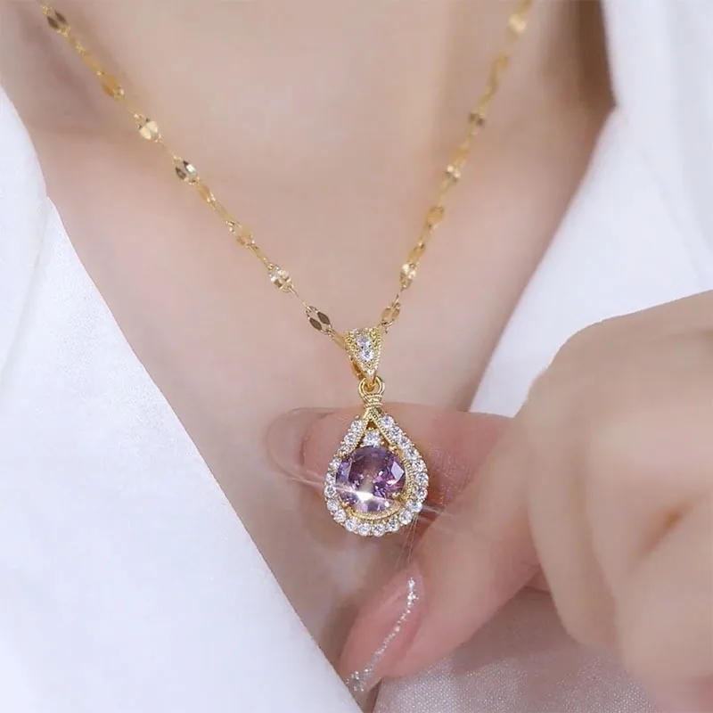 Gold Plated Tear Drop Necklace For Women - Cubic Zirconia Inlaid Pendant On 18K Gold Chain - View #2