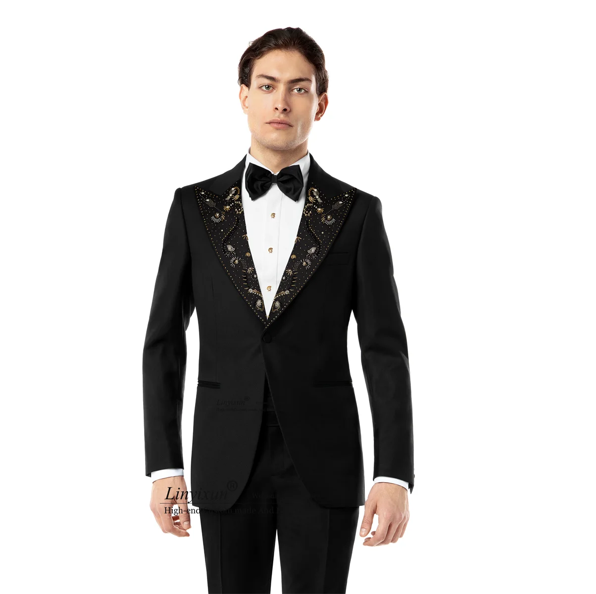 

Блестящие мужские костюмы с бусинами, смокинги для жениха с заостренными лацканами, комплект из 2 предметов, мужской облегающий Свадебный костюм для выпускного вечера