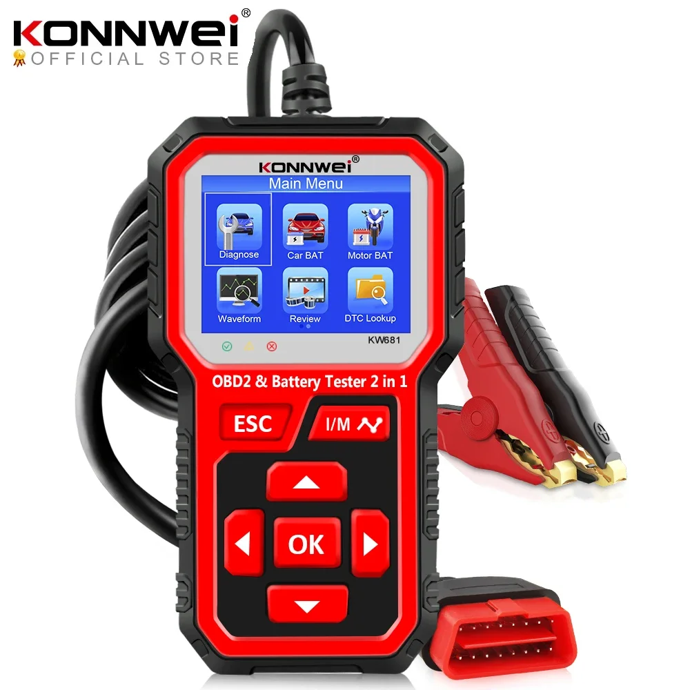 Автомобильный тестер аккумулятора KONNWEI KW681, 6 в, 12 В, Obd 2, автомобильный диагностический инструмент 2 в 1, диагностика автомобиля CCA 2000, сканер Obd2