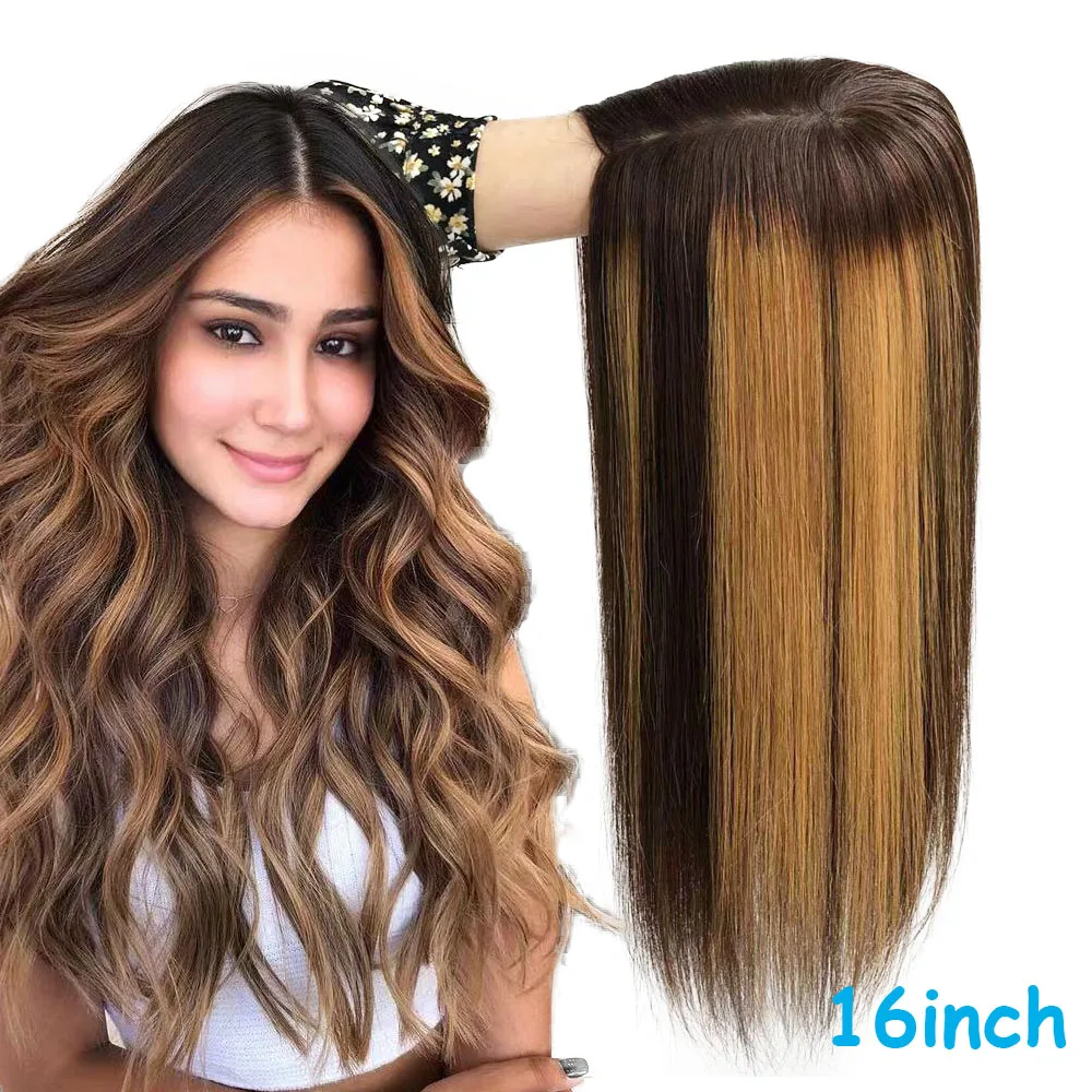 

Virgin European Human Hair Silk Base Topper Highlight #4/27 Brown Blonde Women Toupee Straight Hairpieces With Clip In
