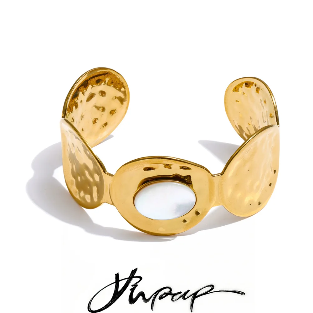 Yhpup Metal Cuff Bracelet PVD Plated Texture Wide Wrist Jewelry