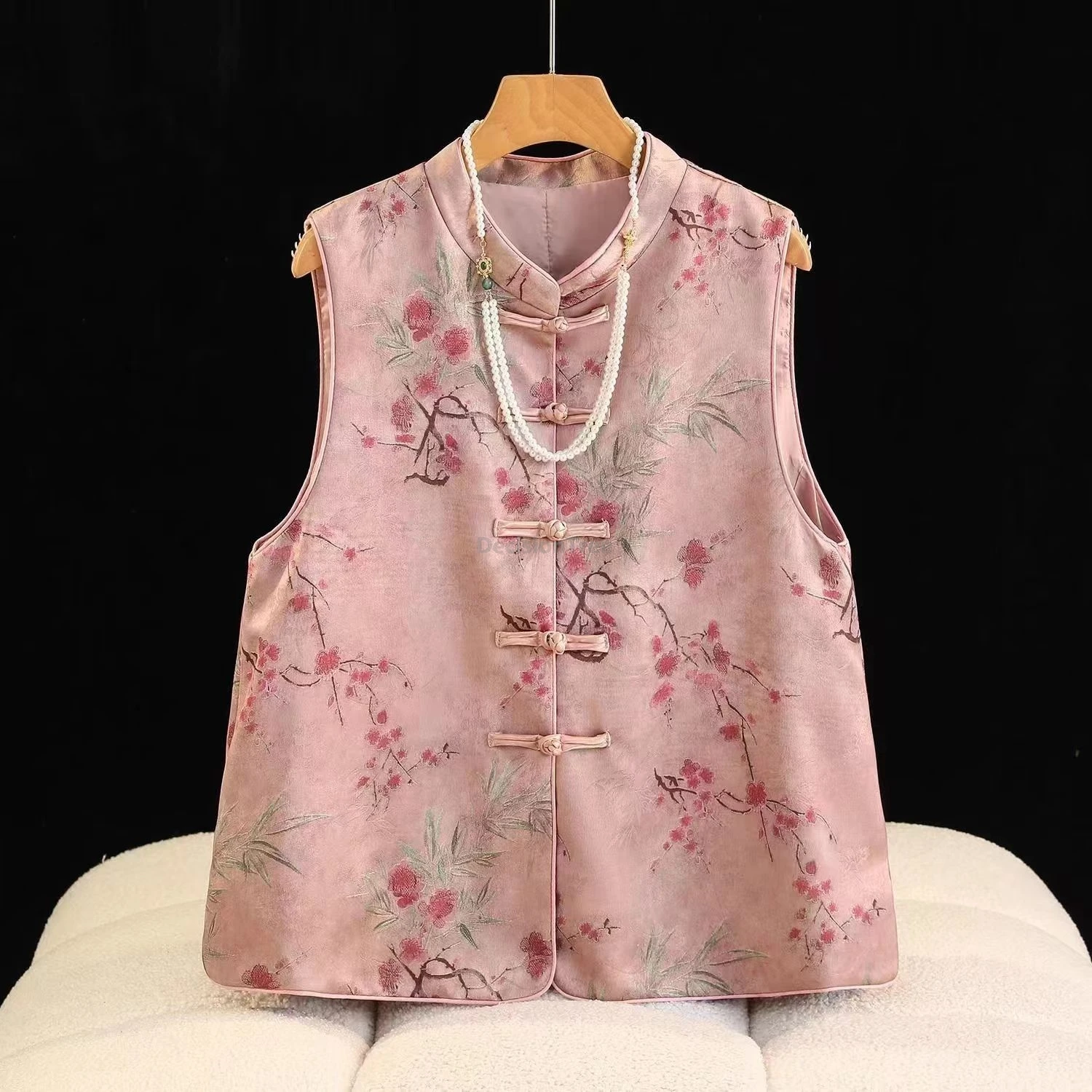 Chinese Pastoral Style Exquisite Printed Vest Vintage Stand Collar Disc Buckle Vest New Fashionable Casual Daily Singlet
