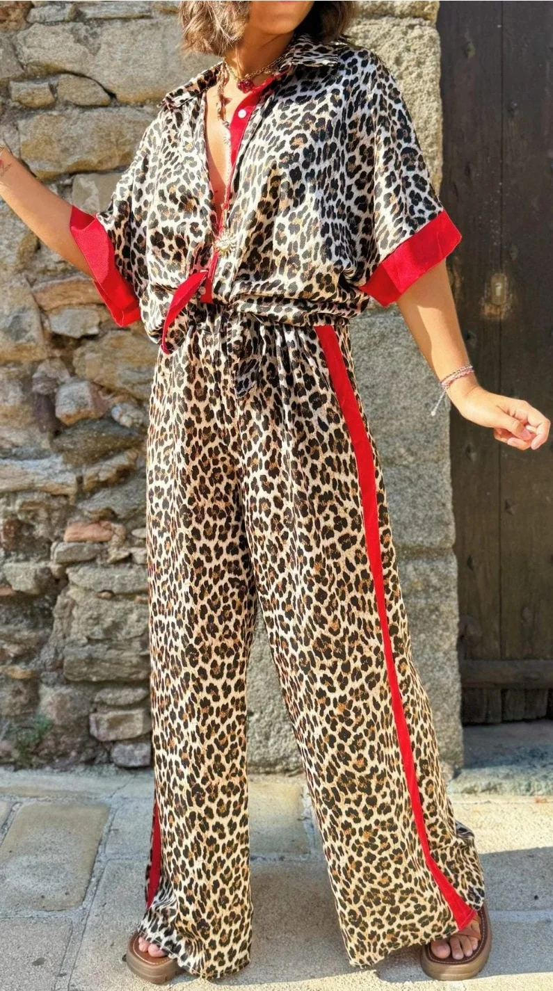Description Picture 4 of itemFashion Leopard Print Patchwork Edge Cardigan Short Sleeves Trousers Women's Set Summer Casual Loose Shirt Office Female Set2025