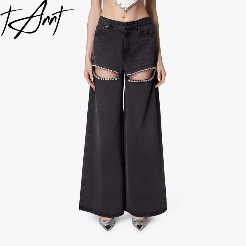

Tannt Women Jeans Irregular Hollow Out Diamonds Vintage Wide Leg Pants Asymmetry Pink Black Blue Denim Pants Women 2024 New
