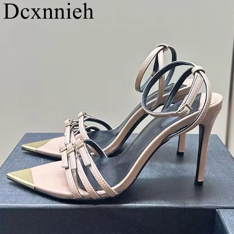 

Women Narrow Band Metal Decor Sandalias Pointed Exposed Toe Genuine Leather High Heels Sandals Summer Sexy Banquet Dress Shoes