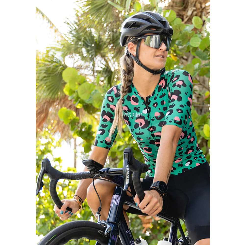 

Trespinas Summer New Style Green Women's Cycling Short Sleeve Jersey Suit Gel Pad Bib Shorts Ciclismo Maillot Mujer Breathable