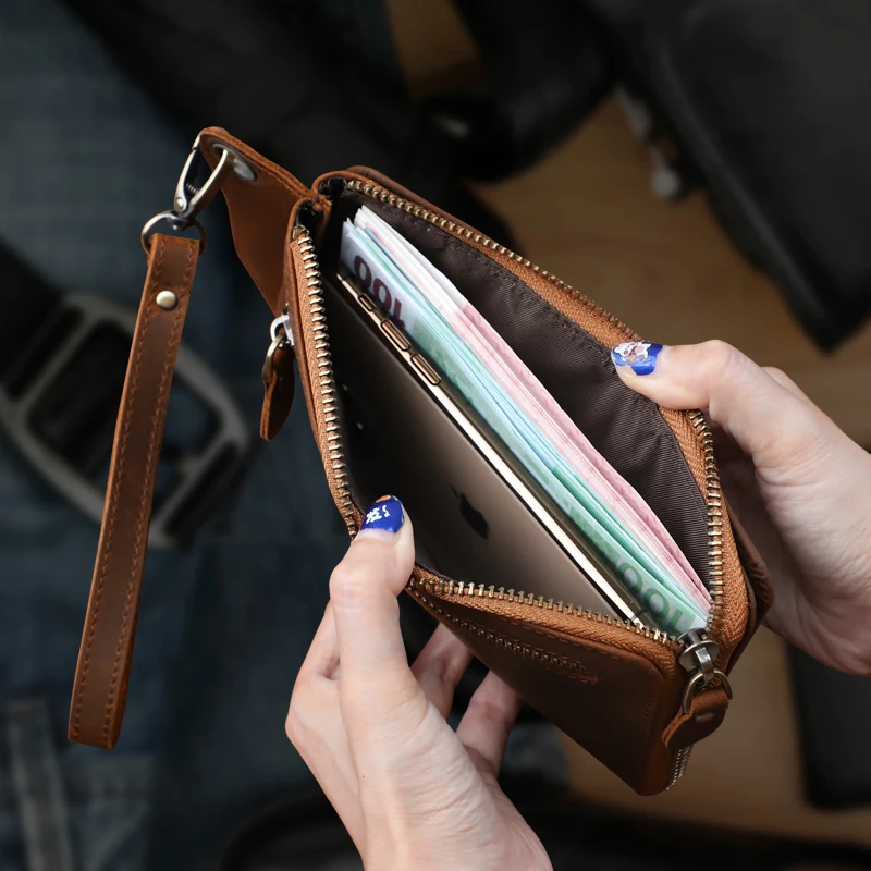 Retro Crazy Horse Leather Clutch Bag Genuine Leather Card Slot Long Wallet Multi-function Card Holder Zipper Coin Purse Handbag