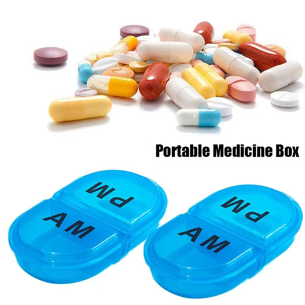 Portapillole A 2 Griglie Portapillole Portatile Di Forma Ovale Di Colore Blu Contenitori Am Pm Impermeabili Giornalieri Mini Scatola Di Immagazzinaggi