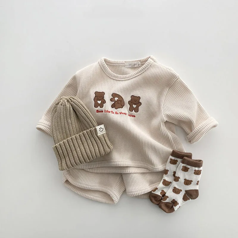 newborn baby clothing set 2022 Summer New Baby Bear Print Clothes Boy Girls Long Sleeve Waffle T Shirt + Shorts 2pcs Casual Suit Cotton Children Suit Baby Clothing Set