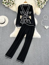 Fashion Women's Suits Autumn Long-Sleeve Lace-Up Waist Mid-Length V-Neck Knitted Cardigan Coat+ Wide-Leg Pants Knit Two Piec Set