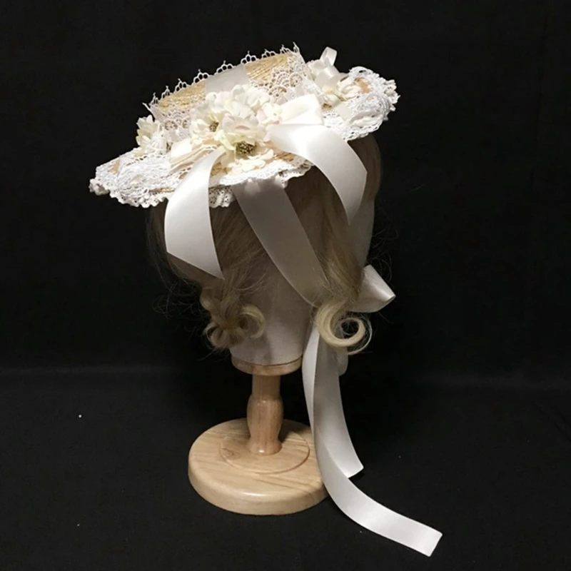 

Women Girls Elegant Tea Party Flat Hat Multilayer Lace Bonnet Artificial Flower Ribbon Bow Straw Beach for Sun