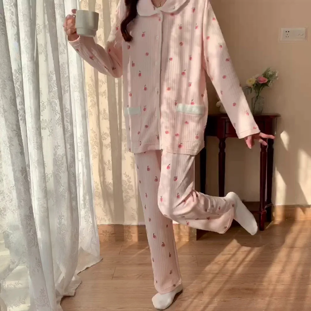 Long Sleeve Thick Warm Japanese Air Cotton Home Wear Women's Lapel Cardigan Casual Plus Size Set Spring Fall Lady Pink Sleepwear