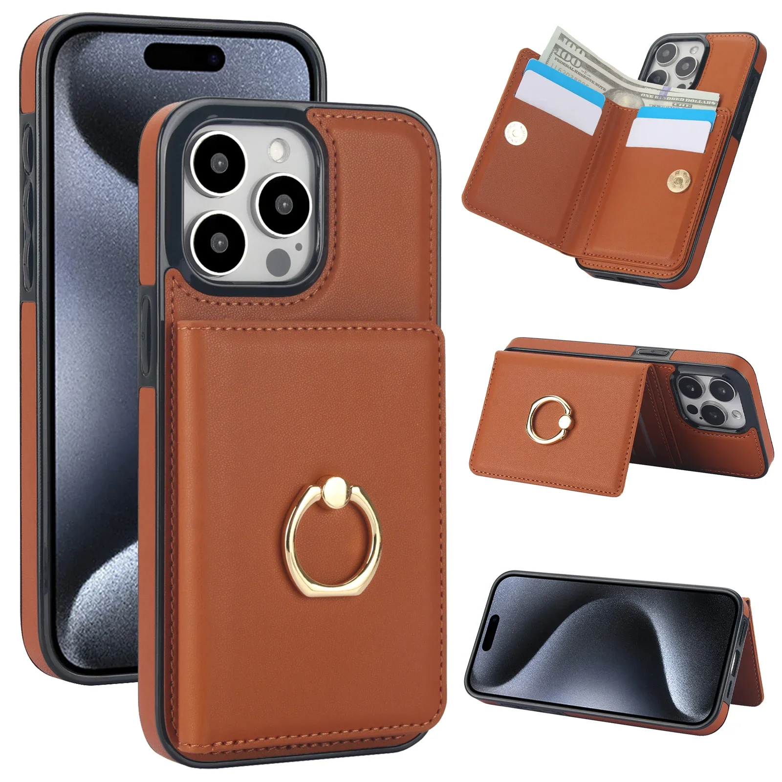 Leather RFID Card Holder Wallet with Ring Stand and Pocket Cover