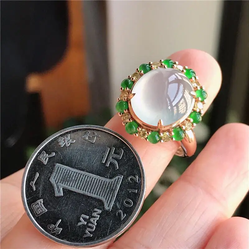 Natural ice chalcedony embellished with green s925 silver inlaid rose gold ring adjustable ring for women