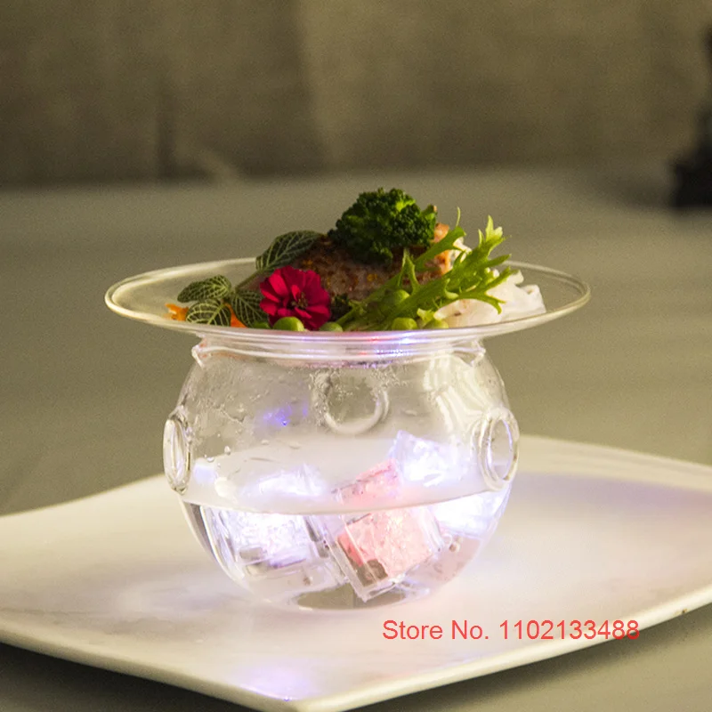 Dry Ice Glass Tray With 3 Holes Creative Kitchen Tableware Cooking Hollowware Artistic Conception Dishes Plates Fruit Salad Bowl