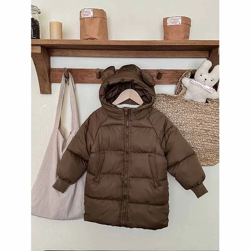 Girls Winter Coat Boys Padded Thickened Warm Long Outerwear Children Solid Color Hooded New Clothes Jacket 2-8 Years Old