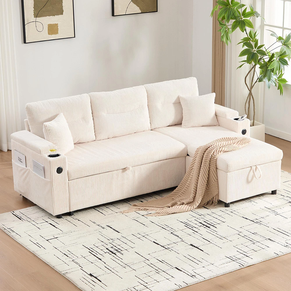 KOMHTOM Modernes 3-Personen-Leinensofa mit Stauraum, Getränkehalter, USB-C, Hydraulische Chaiselongue, Schubladenbett – Detail 7