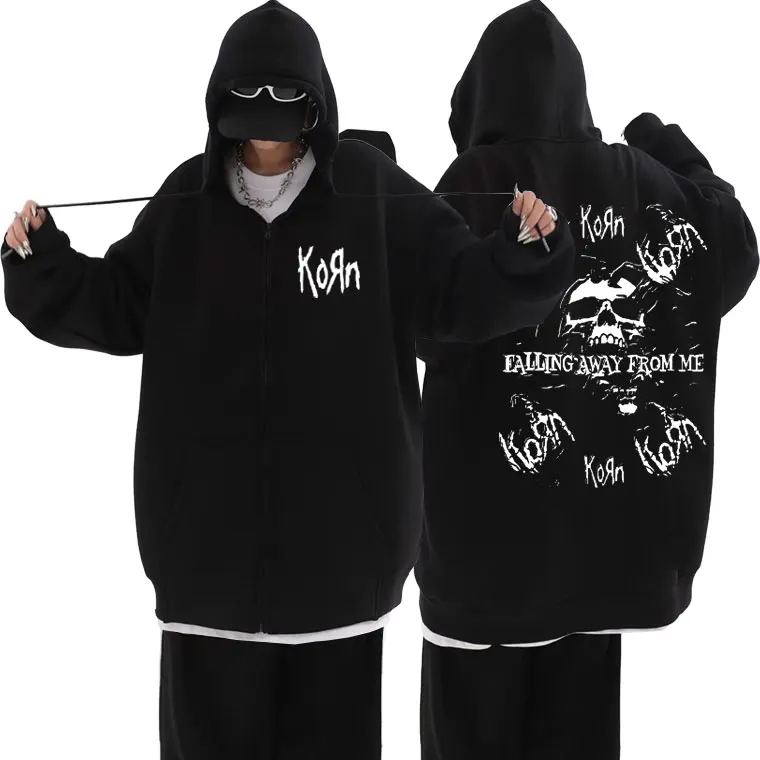 

Rock Band Korn Falling Away From Me Print Zipper Hoodie Men Gothic Oversized Jacket Male Vintage Skeleton Graphic Zip Up Hoodies