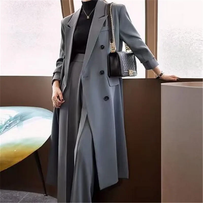 Trench Coat for Women Suit Collar Double-breasted Solid Color Long Coat Elegance Office Lady Jackets Autumn Winter Clothes Women