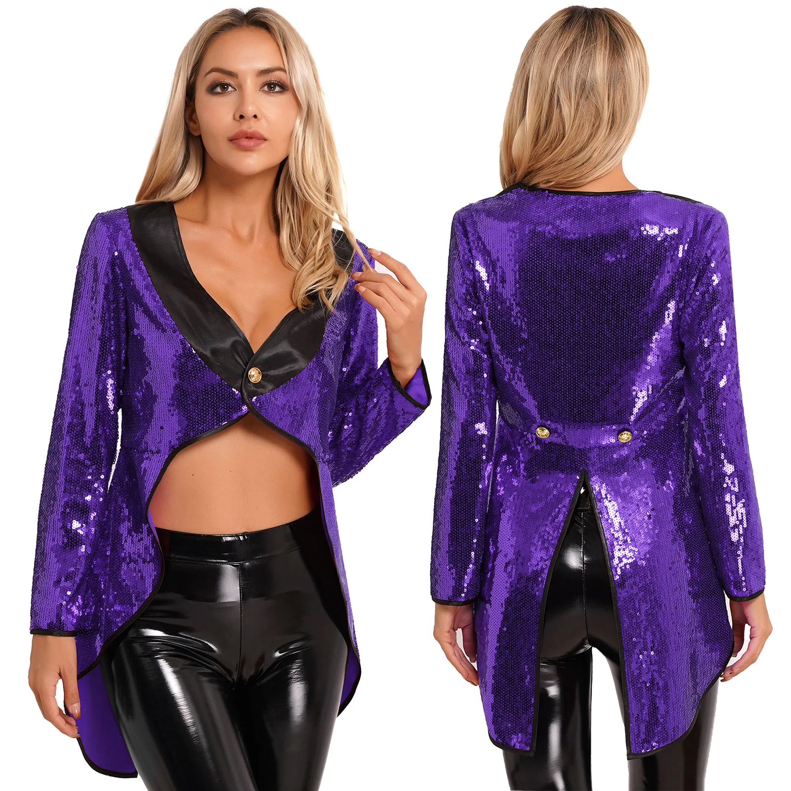 thumbnail image 1 of Vestido de mago de Halloween para mujer, chaqueta FRAC de circo Ringmaster, lentejuelas brillantes, esmoquin de un botón, prendas de vestir exteriores, disfraces, 1 of 5