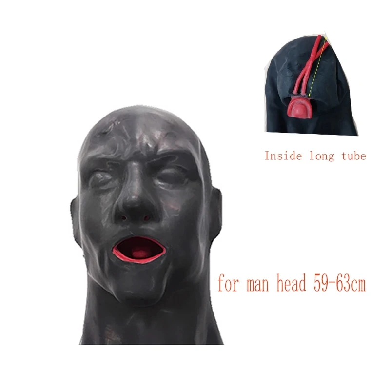 Men Rubber Mask 3D Latex Hood Rubber Mask Closed Eyes Fetish Hood Red Mouth Gag Plug Sheath Tongue Nose Tube Long and Short men rubber mask