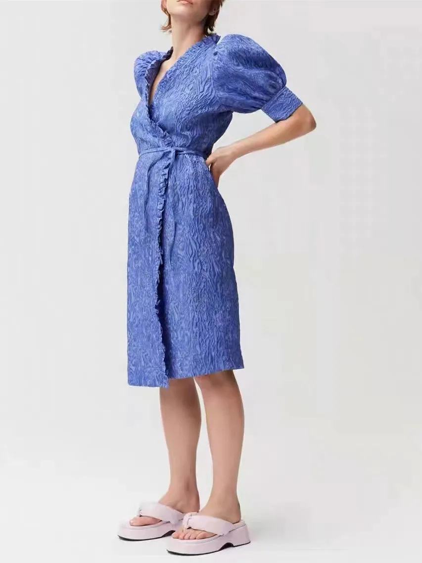 Women Puff Sleeve Ruffles Trim Wrap Midi Dress 2022 Early Spring Ladies