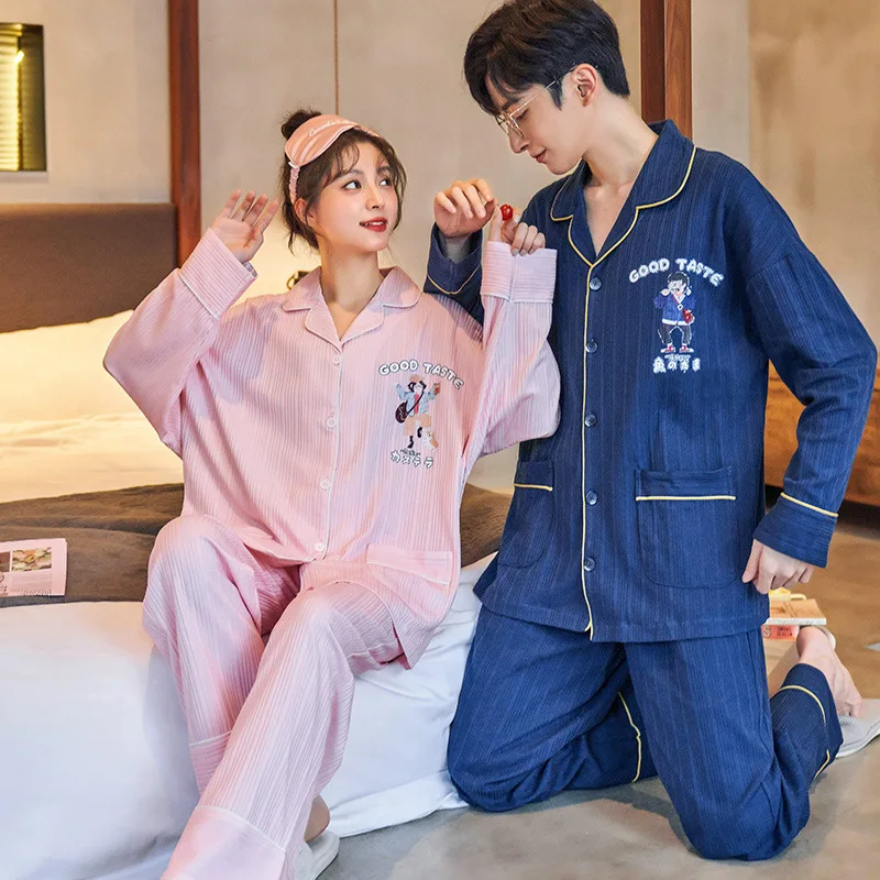 Korean Cotton Autumn Spring Sleepwear Set Man Cardigan Pajamas Set Women Pijamas Suit Plus Size Home Suit Couples Nightwear New