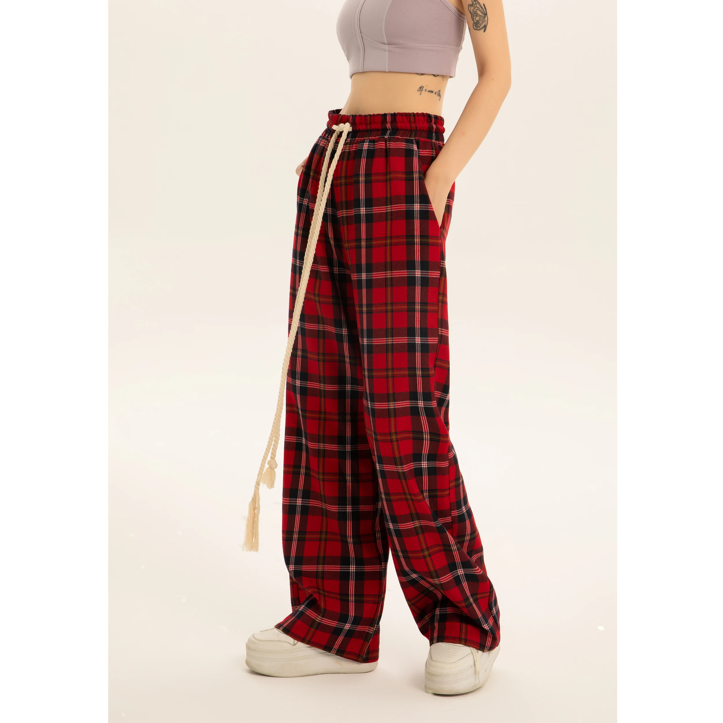 Straight Wide-Leg Pants High Waist Red Plaid Retro Casual Mopping Pants Women's American Style Street Style Spring and Autumn