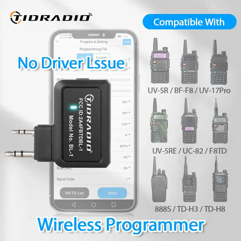 

TIDRADIO Wireless Programmer APP Programming for Walkie Talkie Multiple Model Search Repeaters Alternative Programming Cable