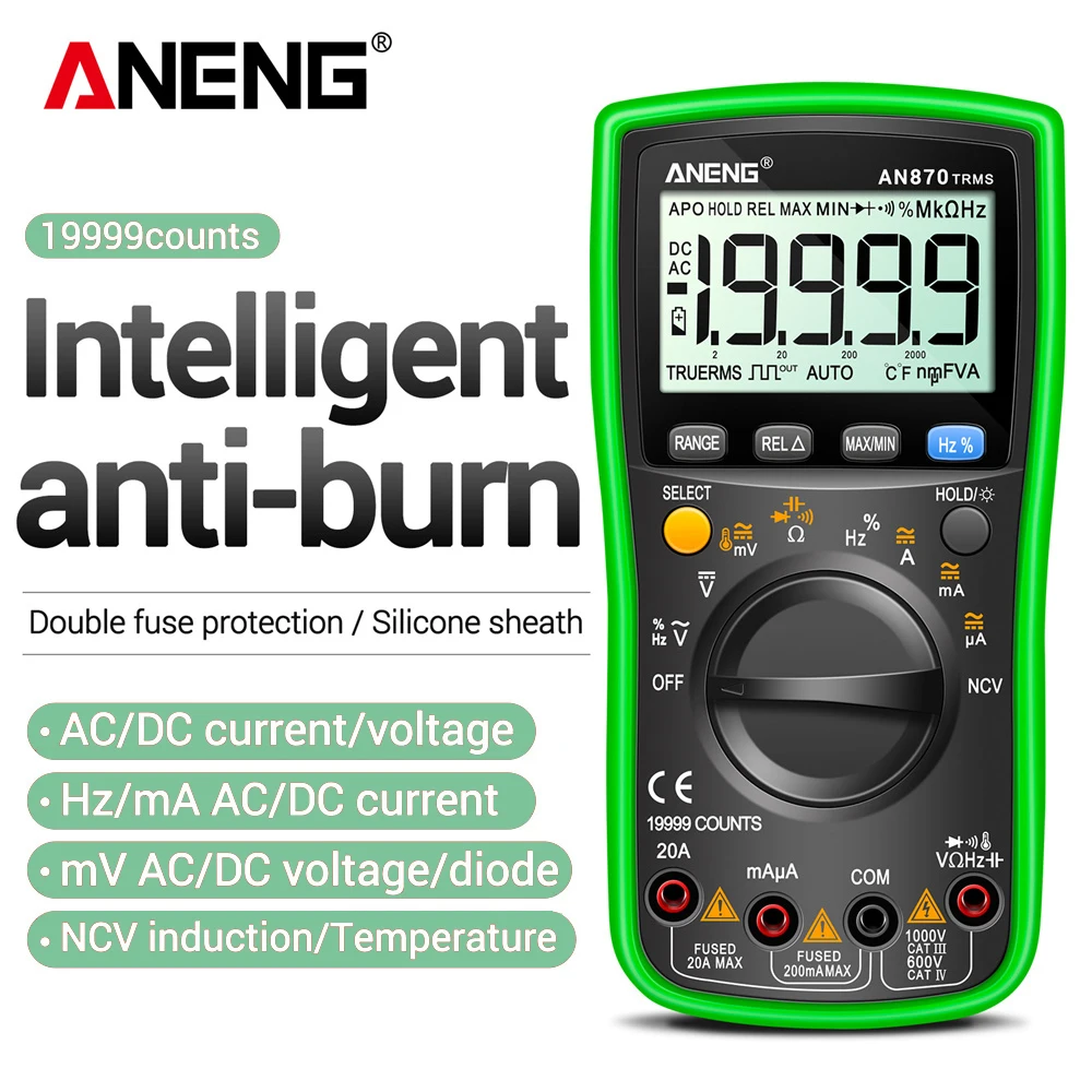 

ANENG AN870 Profesional Digital Multimeter 19999 Counts True Rms AC/DC Voltage Current NCV Transistor Accurate Auto Range Tester