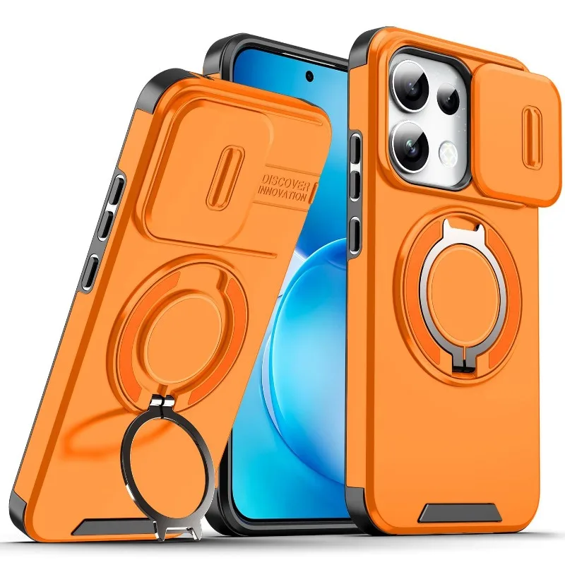 Magnetic 360° Ring Armored Shockproof Phone Case with Camera Sliding Window and Protective Shell