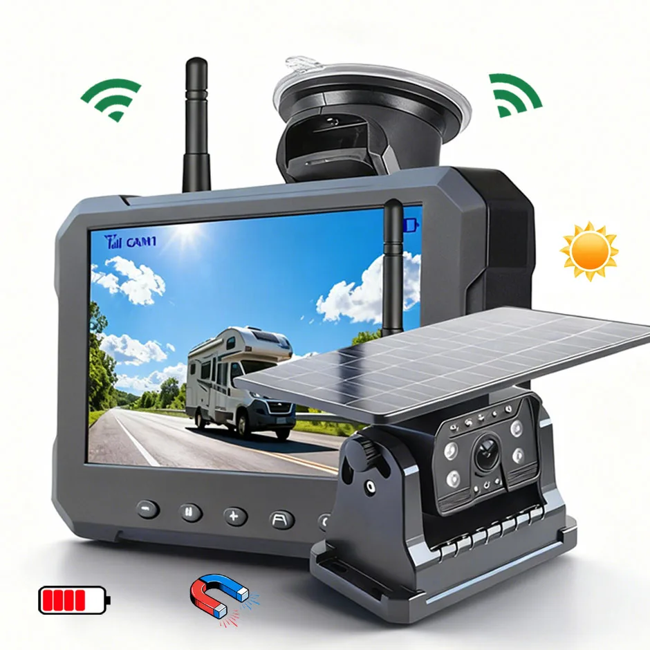 Cámara de Respaldo Inalámbrica Solar Magnética AHD1080P con Visión Nocturna IR y Monitor de 5 Pulgadas para Camión, Camioneta, Autobús, RV, Remolque, Vehículo