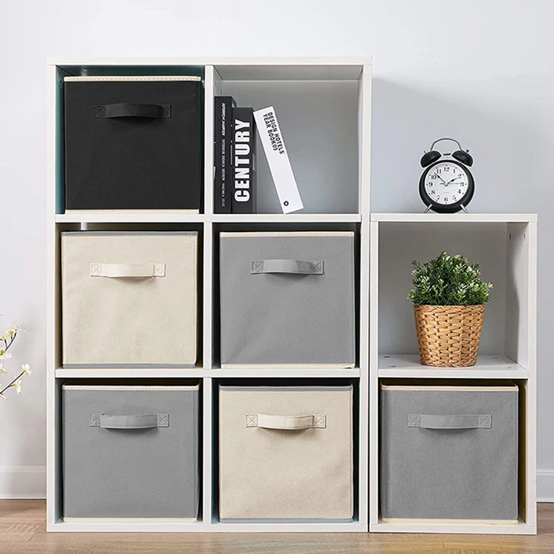 Collapsible Beige Gray Fabric Storage Basket