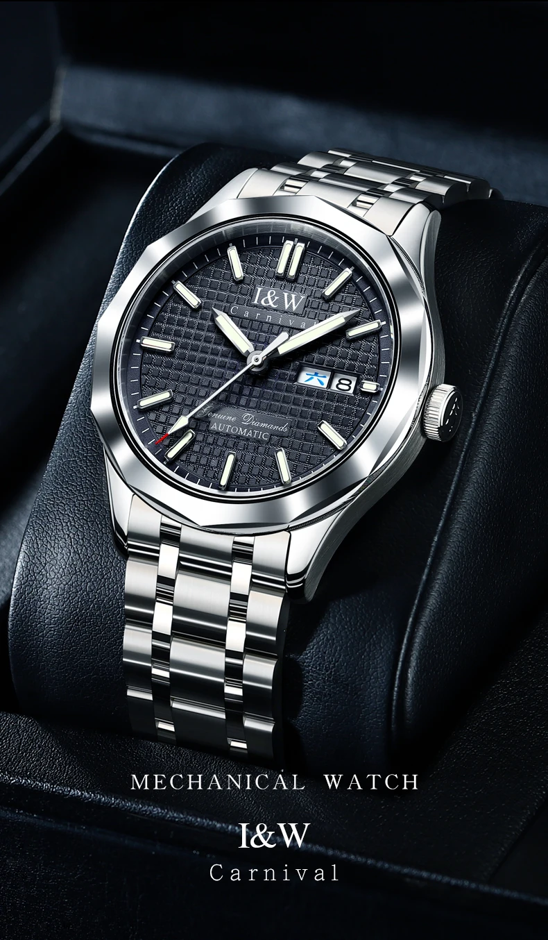 IW Men's Light Luxury Calendar Display Watch Automatic 30M Waterproof Mechanical Wristwatches Stainless Steel Strap Reloj Hombre