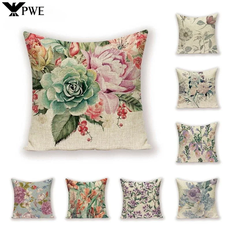 

Vintage Floral Linen Pillow Case Sofa Living Room Seat Car Soft Cushion Cover Home Decorative Pillowcase 45*45cm